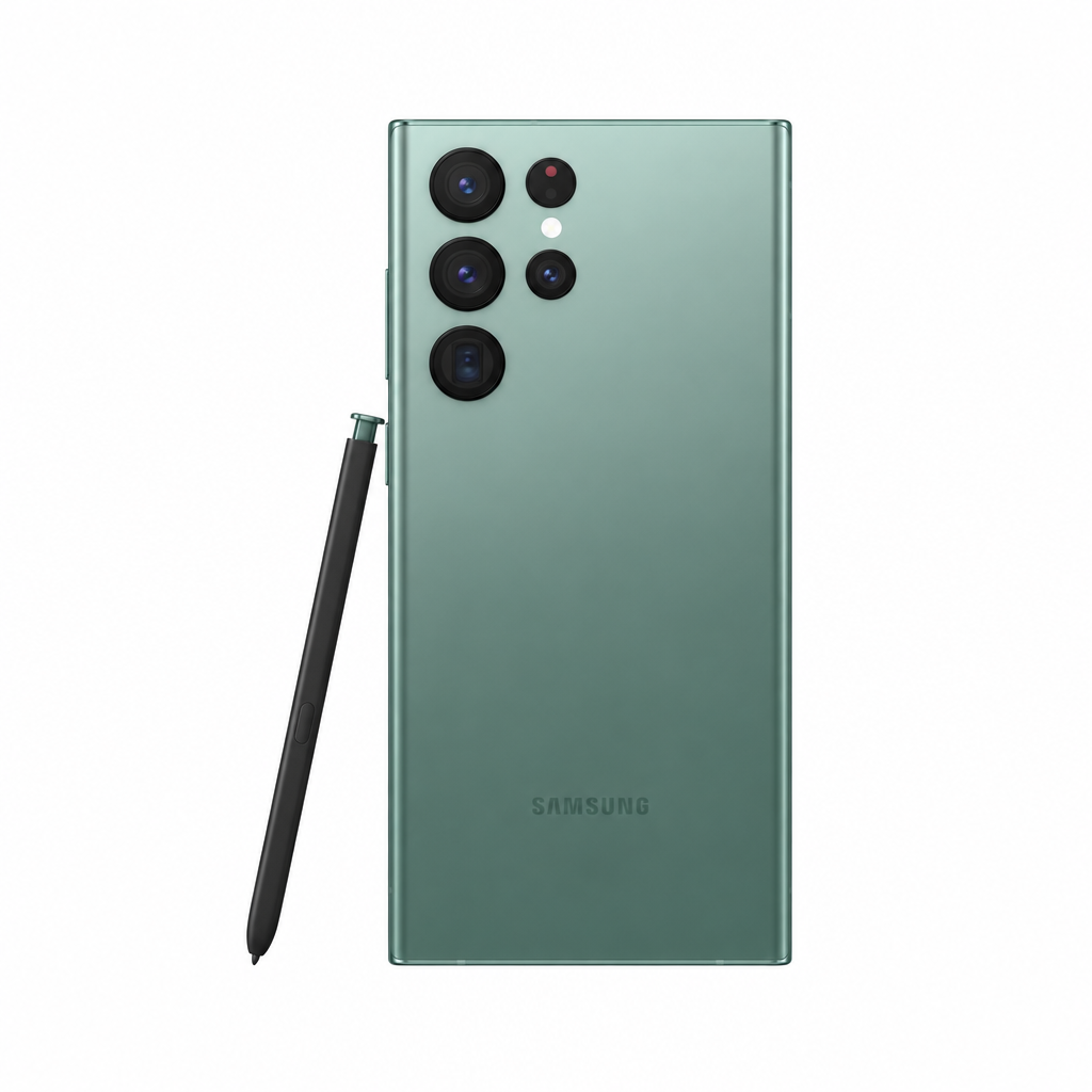 Samsung Galaxy S22 Ultra sage green phone with S Pen on a white 1000x1000 background with balanced margins