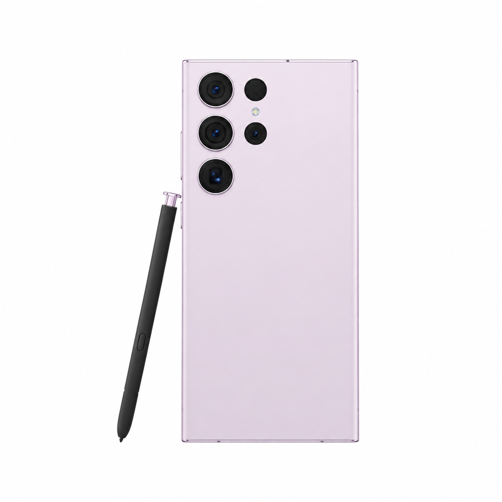 Samsung Galaxy S23 Ultra soft lavender-pink phone with S Pen on a white 1000x1000 background with balanced margins