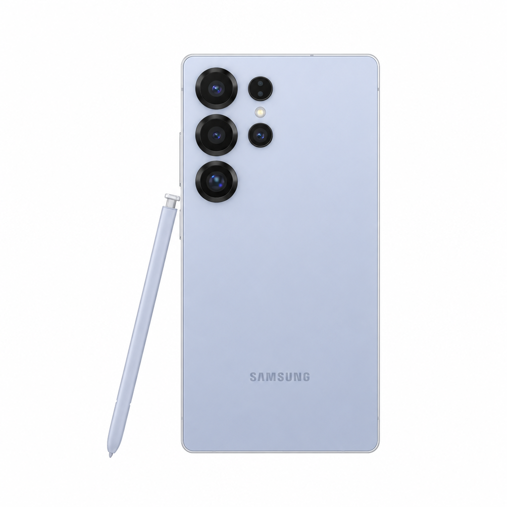 Samsung Galaxy S25 Ultra icy light blue phone with S Pen on a white 1000x1000 background with balanced margins