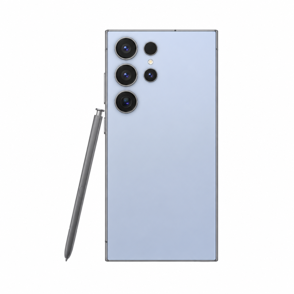 Samsung Galaxy S24 Ultra icy light blue phone with S Pen on a white 1000x1000 background with balanced margins