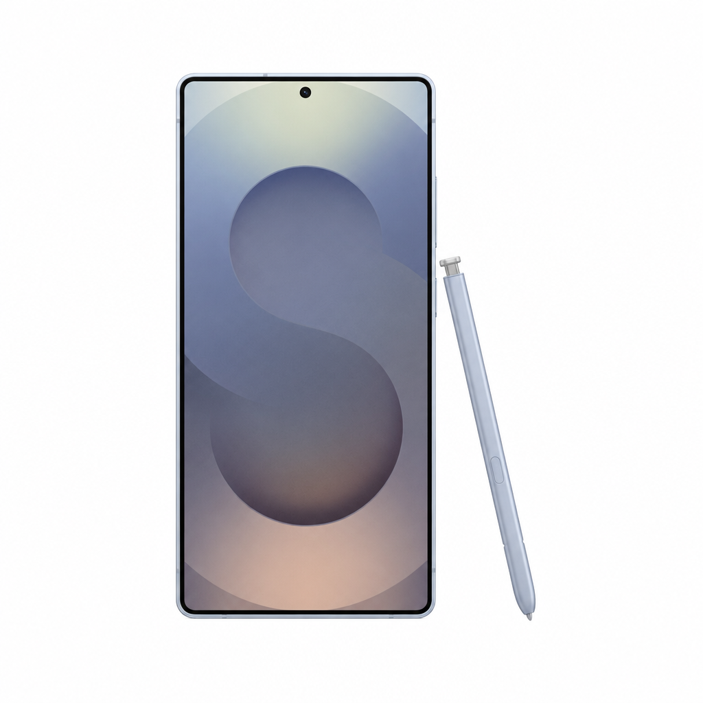 Samsung Galaxy S25 Ultra front-view phone with S Pen on a white 1000x1000 background with balanced margins