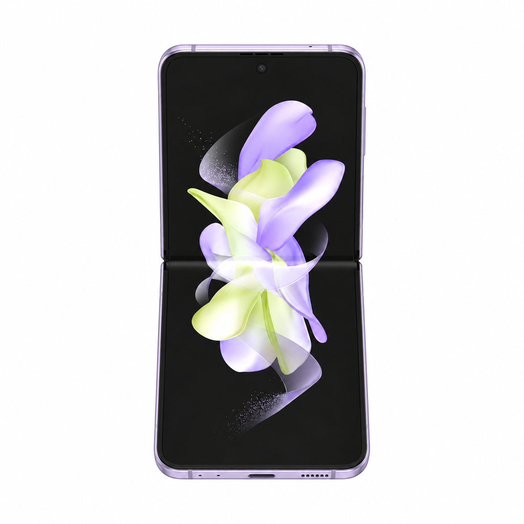 Samsung Galaxy Z Flip4 front-view open foldable phone on a white 1000x1000 background with balanced margins