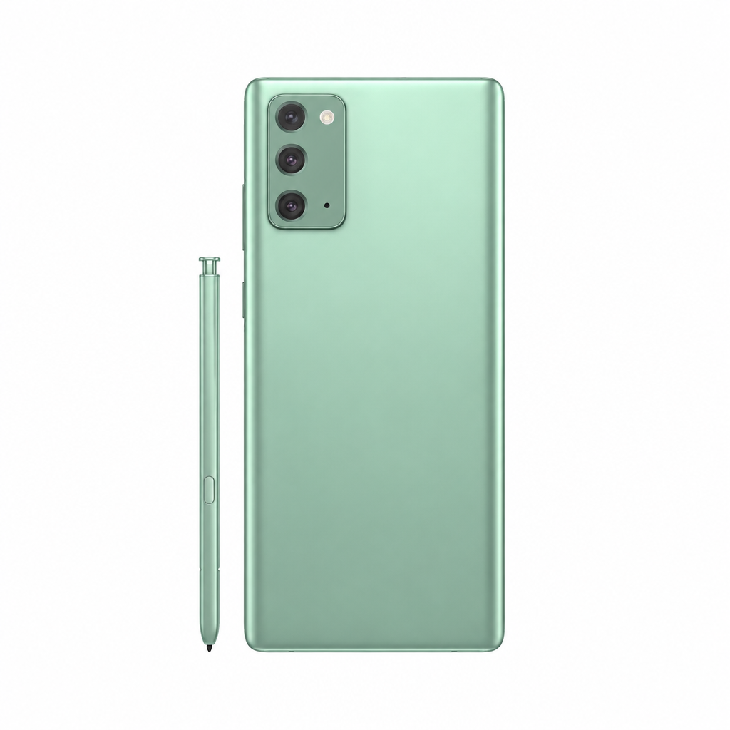 Samsung Galaxy Note20 mint green phone with stylus on a white 1000x1000 background with balanced margins