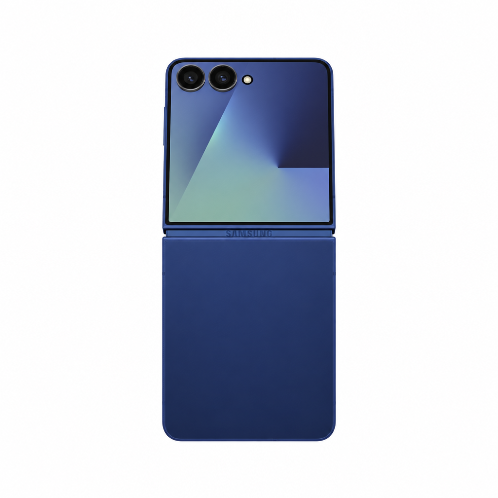 Samsung Galaxy Z Flip7 deep blue product image on a white 1000x1000 background with balanced margins